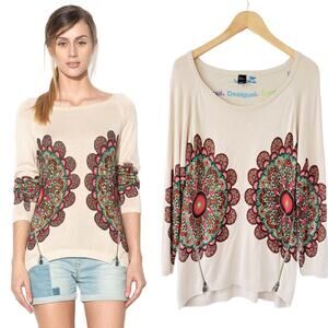 DESIGUAL Natasha Beige Mandala Sweater Tunic Zips Fits Large Boho Unique